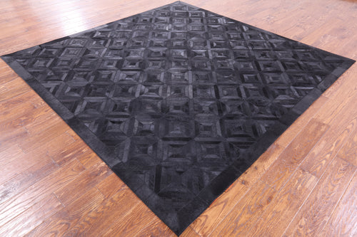 Black Square Patchwork Natural Cowhide Rug - 8' 0