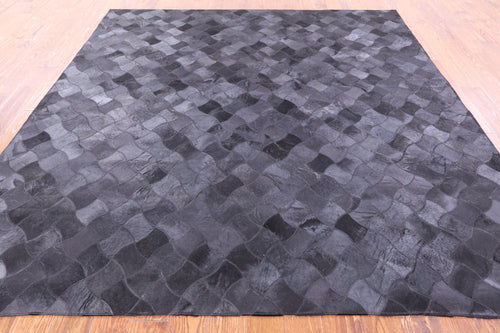 Black Square Patchwork Natural Cowhide Rug - 8' 0