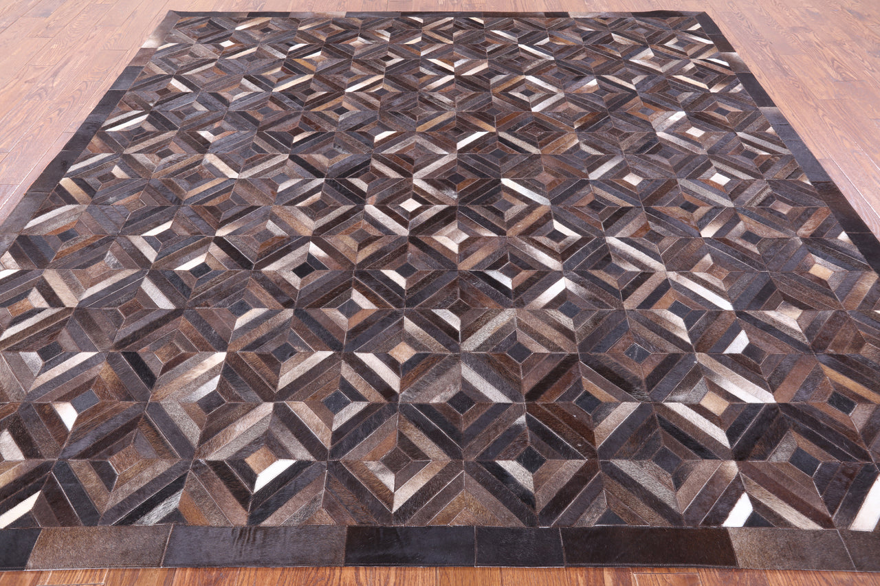 Brown Square Patchwork Cowhide Rug - 9' 0" x 9' 0"