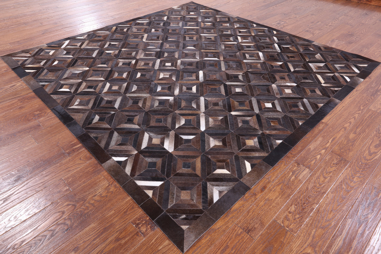 Brown Square Patchwork Cowhide Rug - 9' 0" x 9' 0"