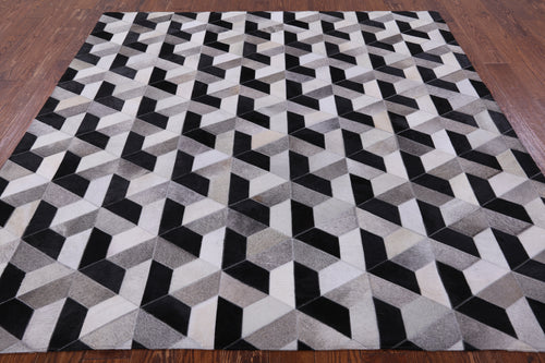Black & White Square Patchwork Natural Cowhide Rug - 7' 0