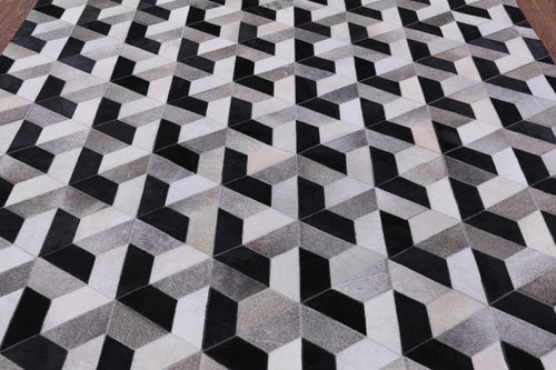 Black & White Square Patchwork Natural Cowhide Rug - 7' 0