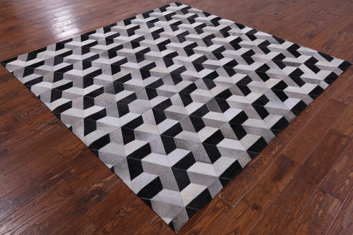 Black & White Square Patchwork Natural Cowhide Rug - 7' 0