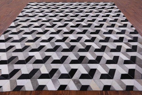 Black & White Square Patchwork Natural Cowhide Rug - 9' 0