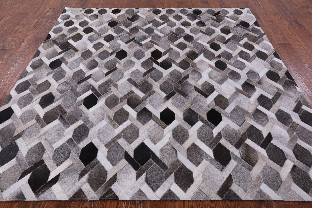 Grey Square Patchwork Cowhide Rug - 7' 0" x 7' 0"