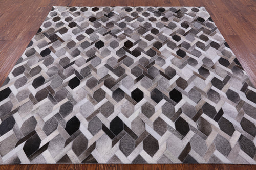 Grey Square Patchwork Natural Cowhide Rug - 7' 0