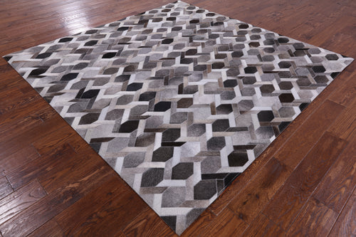 Grey Square Patchwork Natural Cowhide Rug - 7' 0