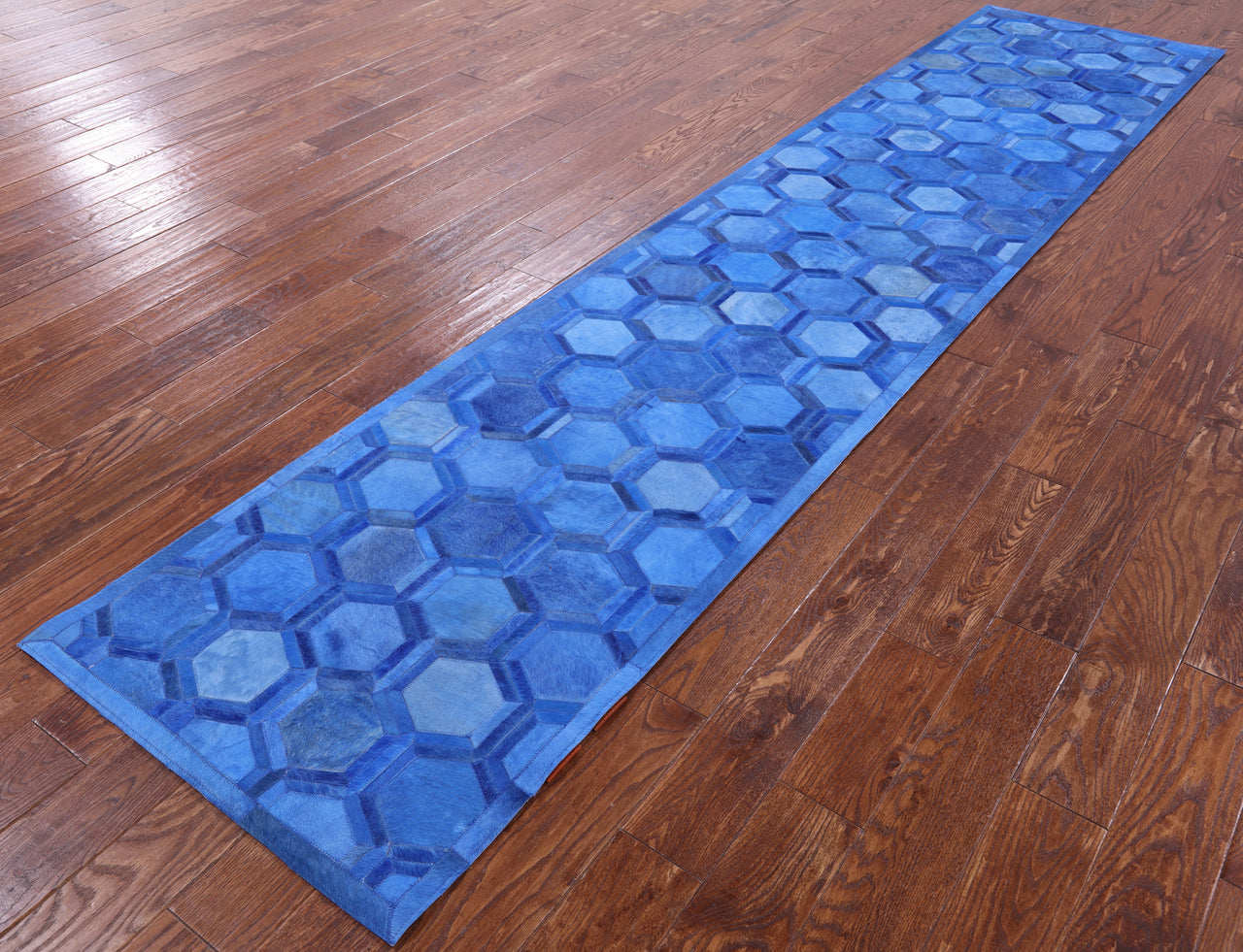 Blue Patchwork Cowhide Runner Rug - 2' 5" x 12' 0"