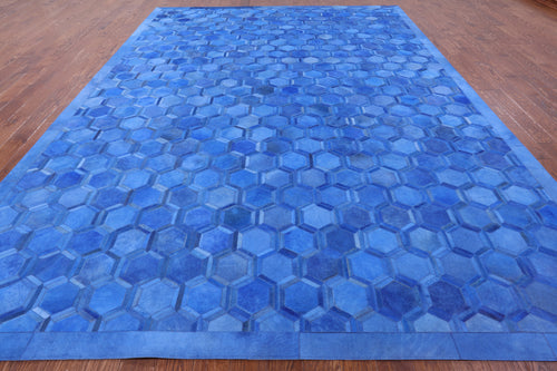 Blue Patchwork Natural Cowhide Rug - 10' 0