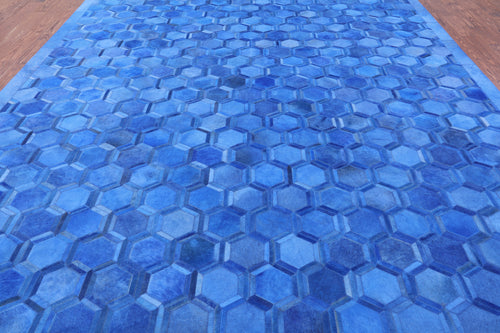 Blue Patchwork Natural Cowhide Rug - 10' 0