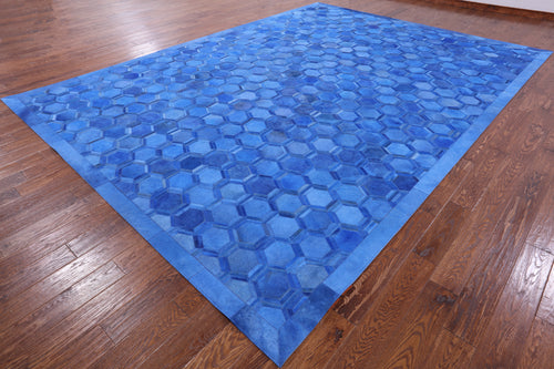 Blue Patchwork Natural Cowhide Rug - 10' 0