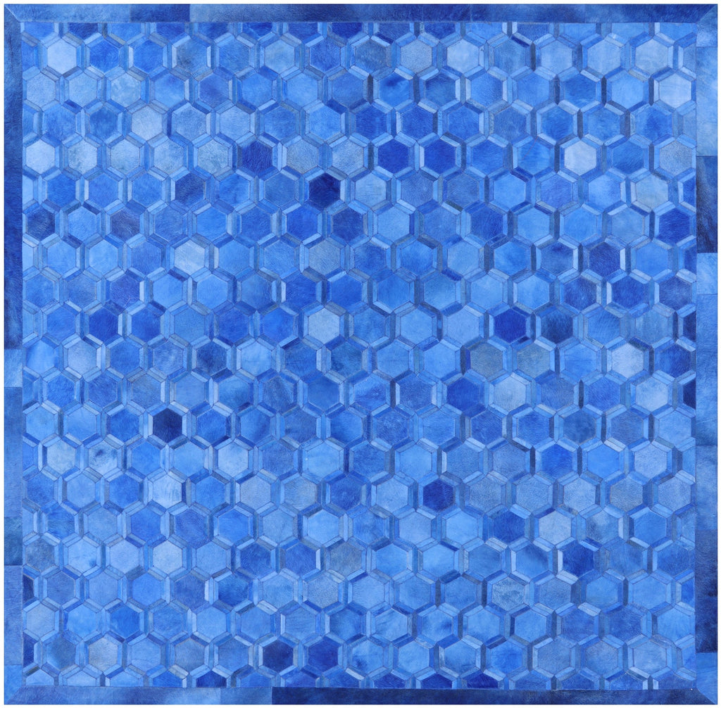 Blue Square Patchwork Natural Cowhide Rug - 10' 0" x 10' 0"