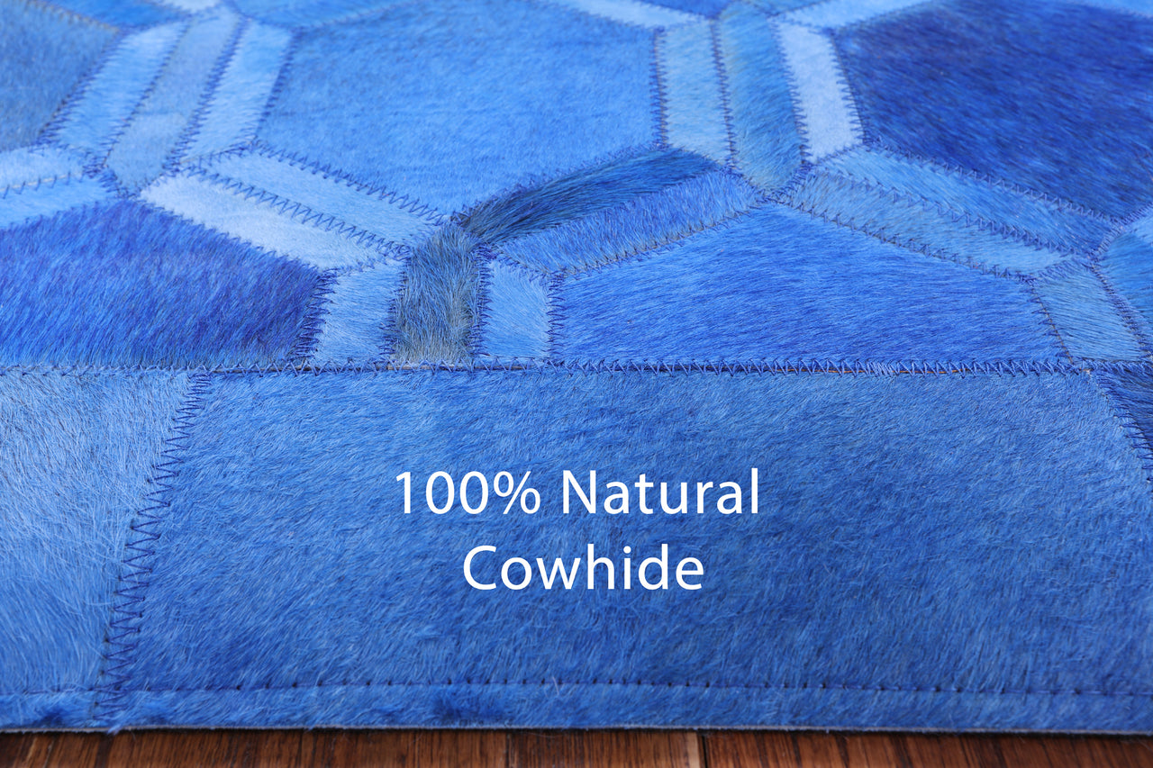 Blue Square Patchwork Cowhide Rug - 10' 0" x 10' 0"