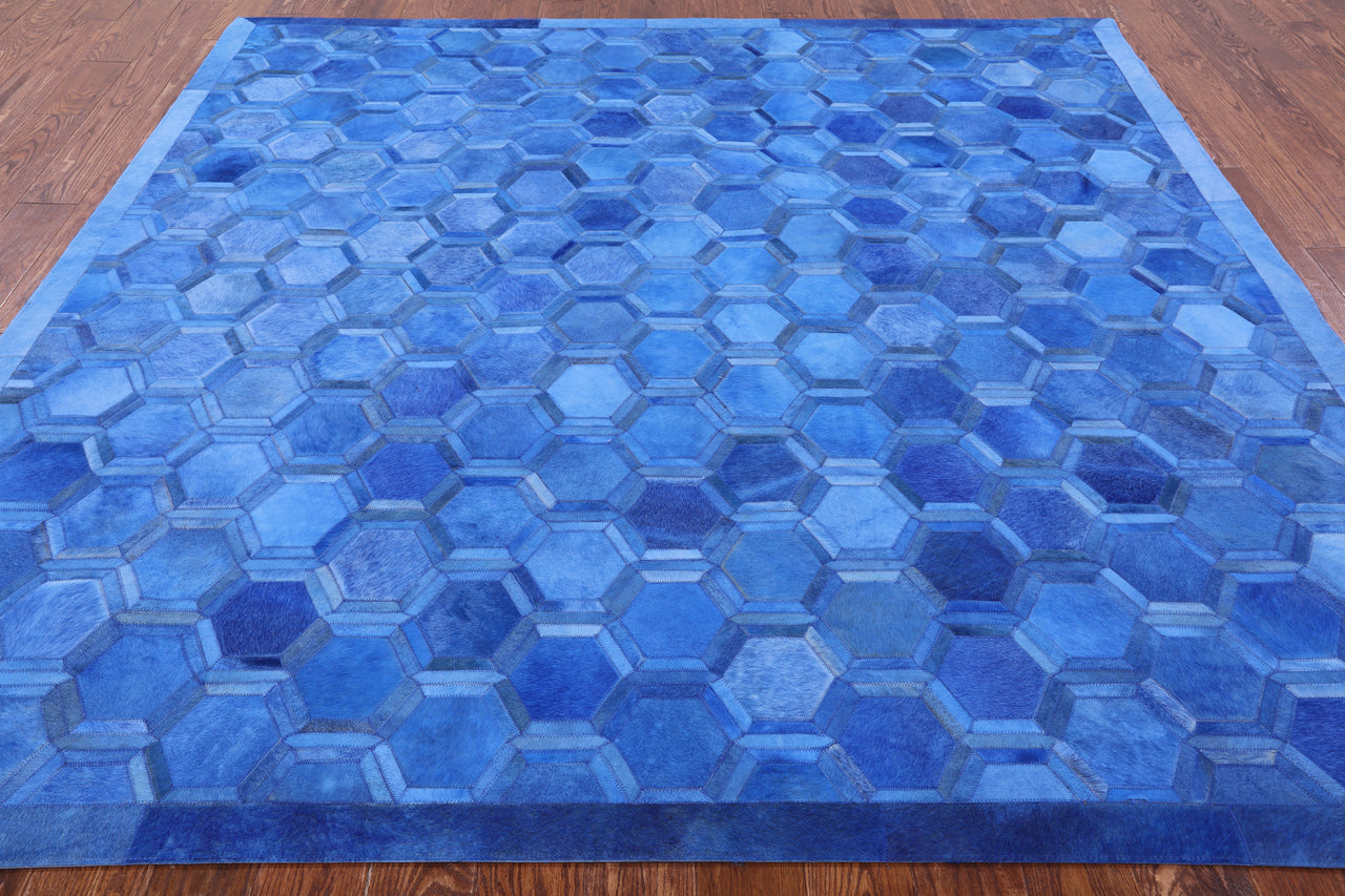 Blue Square Patchwork Cowhide Rug - 8' 0" x 8' 0"