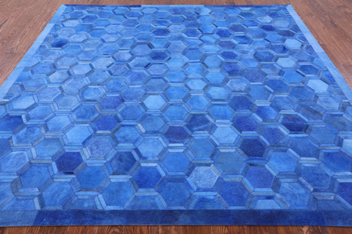 Blue Square Patchwork Natural Cowhide Rug - 8' 0