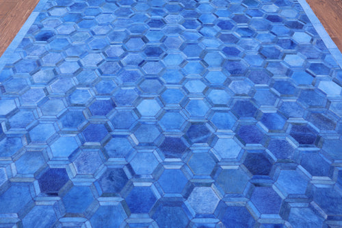 Blue Square Patchwork Natural Cowhide Rug - 8' 0
