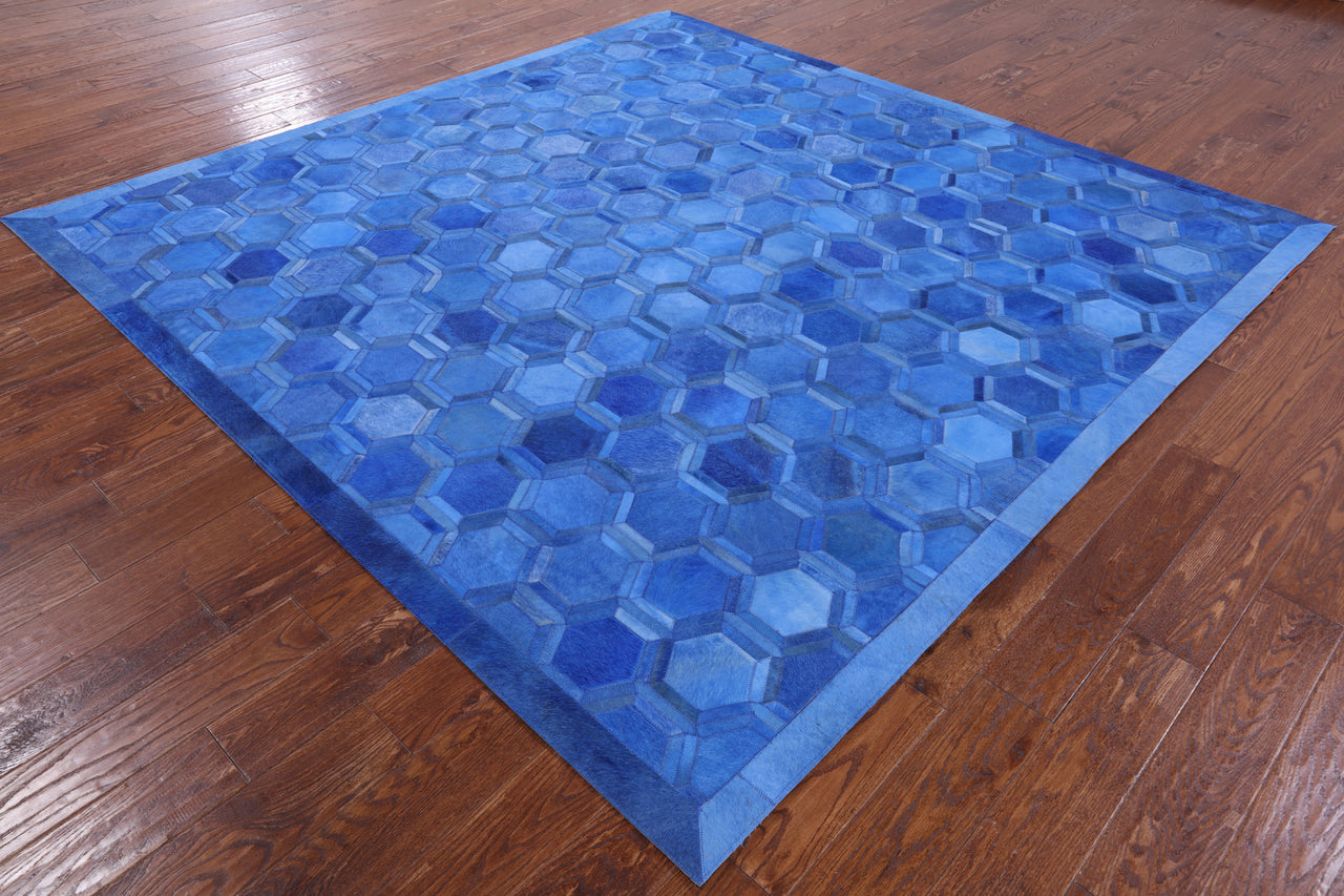 Blue Square Patchwork Cowhide Rug - 8' 0" x 8' 0"