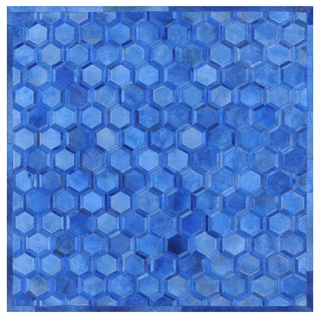 Blue Square Patchwork Natural Cowhide Rug - 7' 0" x 7' 0"