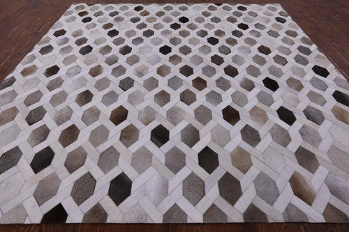 Grey & White Square Patchwork Natural Cowhide Rug - 10' 0