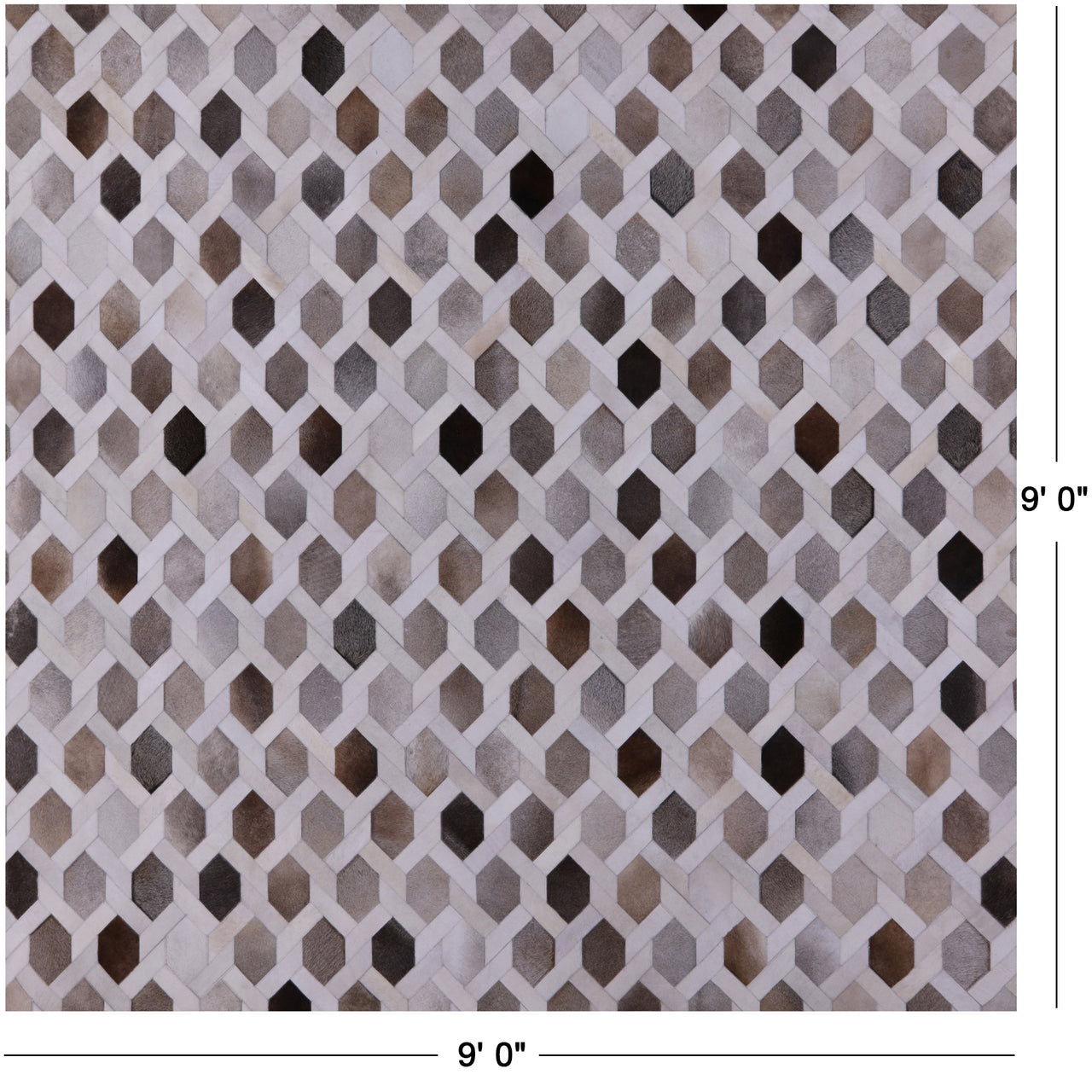 Grey & White Square Patchwork Natural Cowhide Rug - 9' 0" x 9' 0"