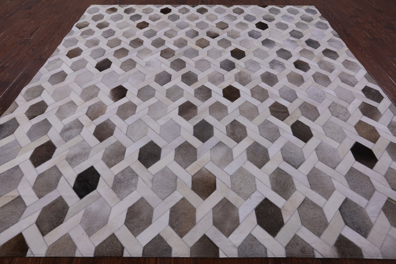 Grey & White Square Patchwork Cowhide Rug - 9' 0" x 9' 0"