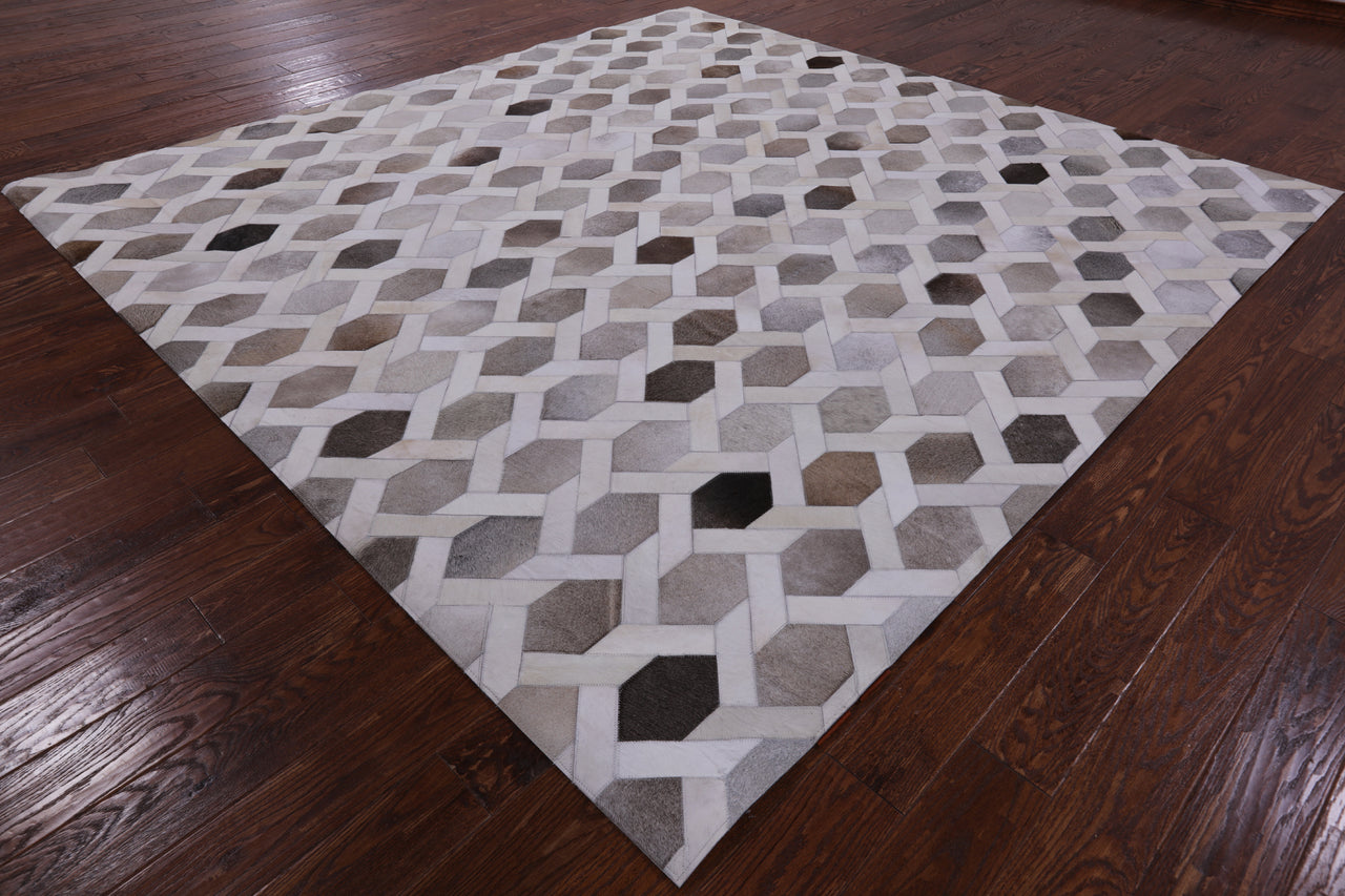 Grey & White Square Patchwork Cowhide Rug - 9' 0" x 9' 0"