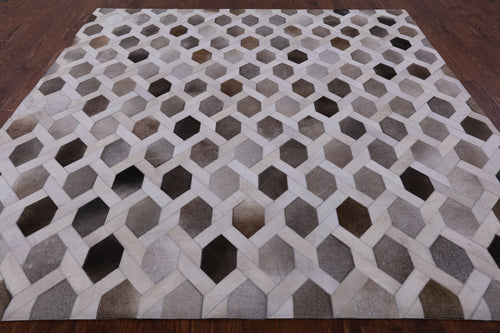 Grey & White Square Patchwork Natural Cowhide Rug - 8' 0