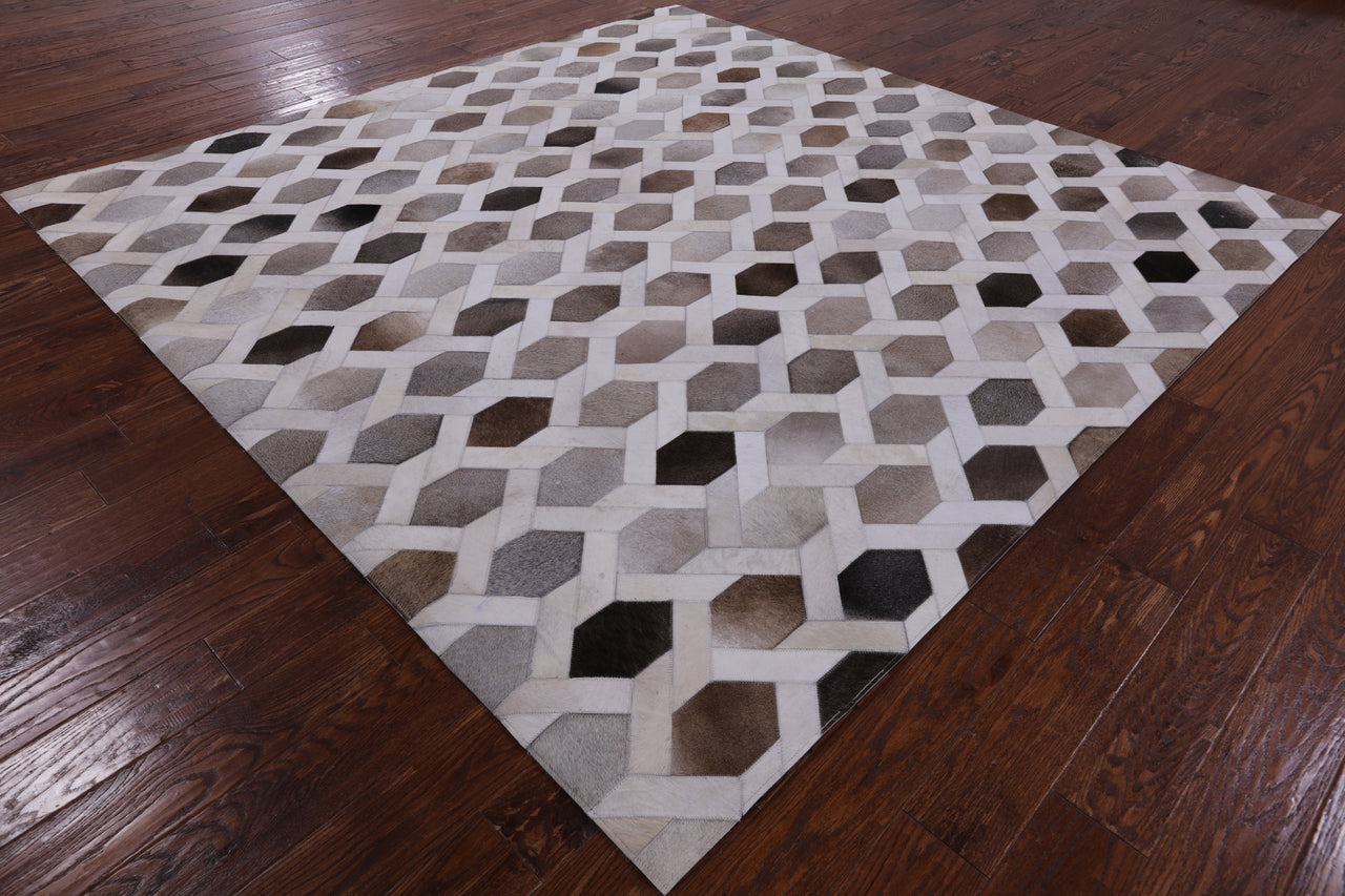 Grey & White Square Patchwork Cowhide Rug - 8' 0" x 8' 0"