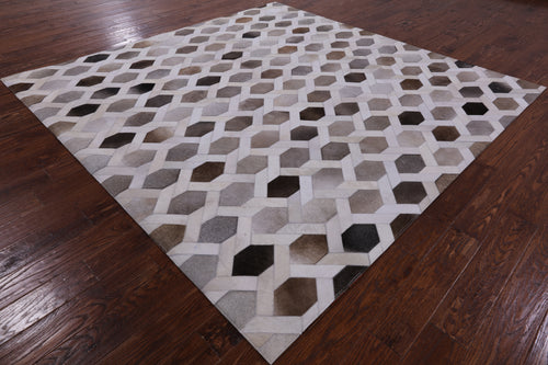 Grey & White Square Patchwork Natural Cowhide Rug - 8' 0