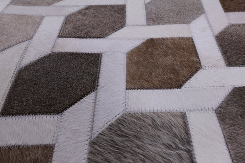 Grey & White Square Patchwork Natural Cowhide Rug - 7' 0