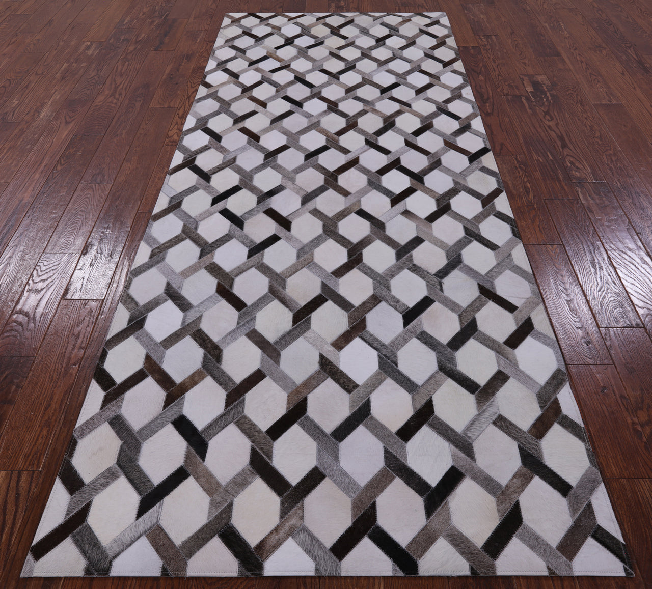 Grey & White Patchwork Cowhide Runner Rug - 4' 0" x 10' 0"