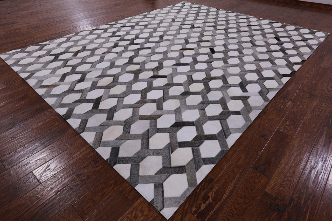 Grey & White Patchwork Cowhide Rug - 9' 0" x 12' 0"