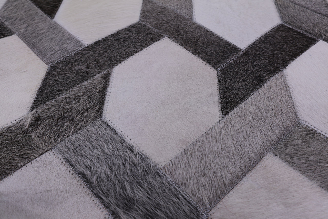 Grey & White Square Patchwork Cowhide Rug - 10' 0" x 10' 0"