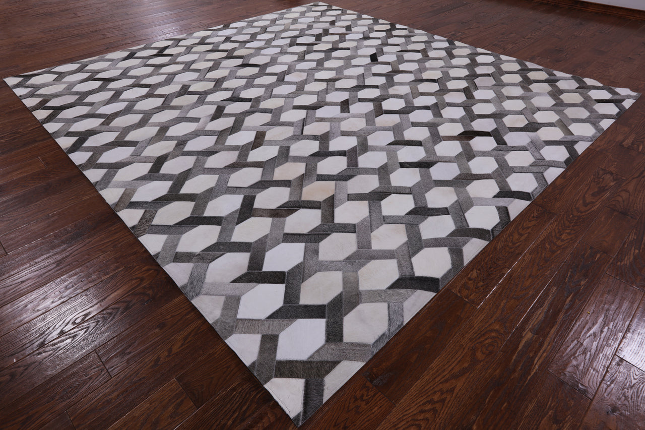 Grey & White Square Patchwork Cowhide Rug - 10' 0" x 10' 0"