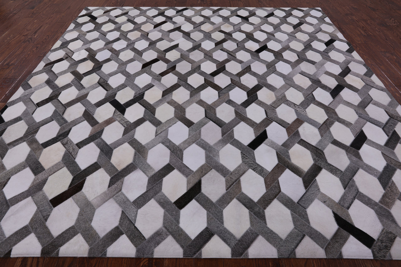 Grey & White Square Patchwork Cowhide Rug - 9' 0" x 9' 0"