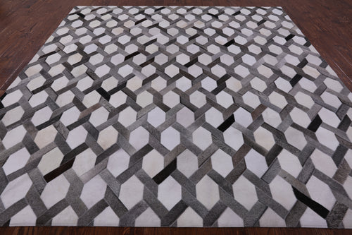 Grey & White Square Patchwork Natural Cowhide Rug - 9' 0