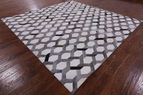 Grey & White Square Patchwork Natural Cowhide Rug - 9' 0