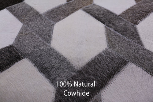 Grey & White Square Patchwork Natural Cowhide Rug - 9' 0
