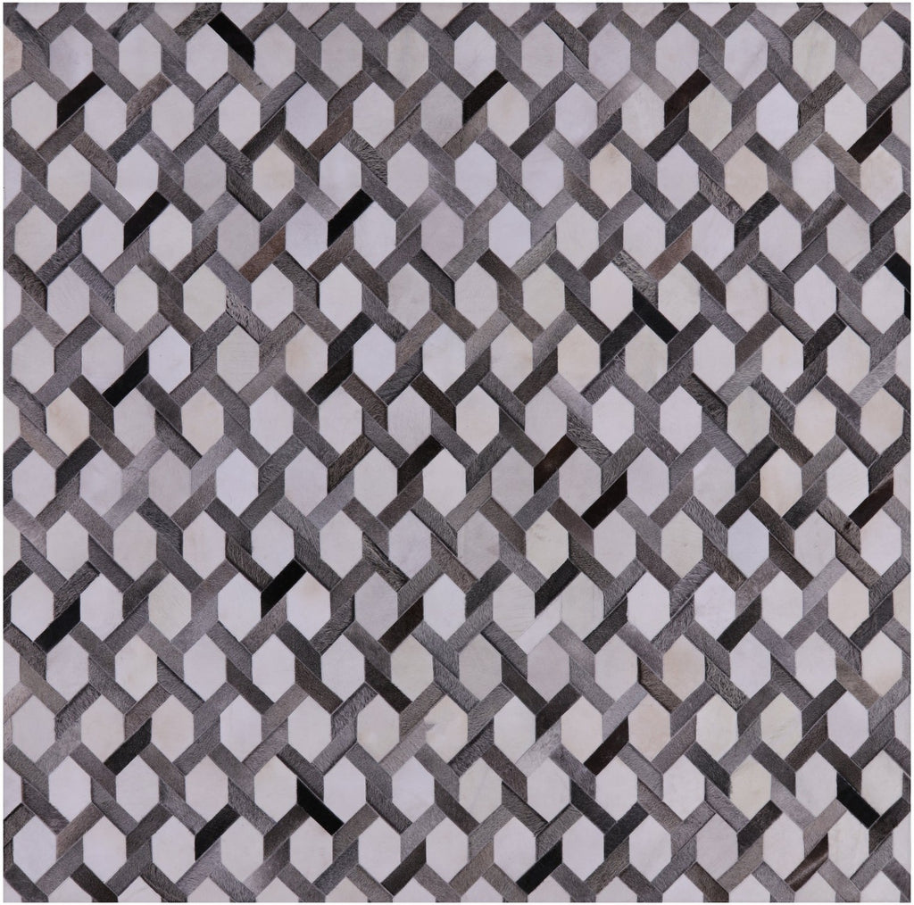 Grey & White Square Patchwork Natural Cowhide Rug - 9' 0" x 9' 0"