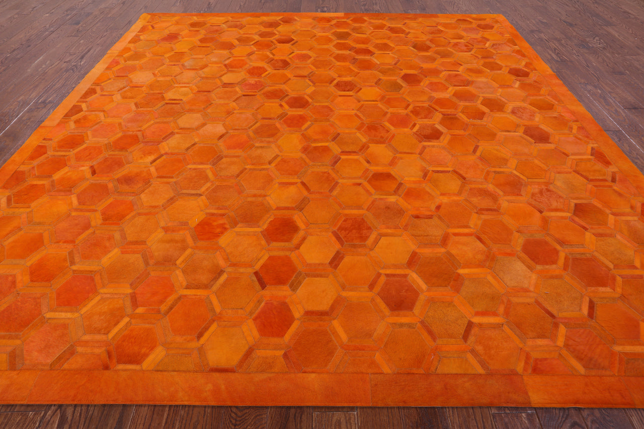 Orange Square Patchwork Cowhide Rug - 10' 0" x 10' 0"