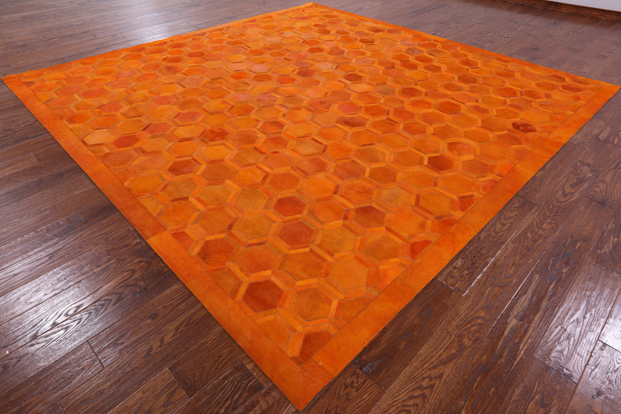 Orange Square Patchwork Cowhide Rug - 10' 0" x 10' 0"