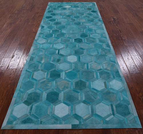 Teal Blue Patchwork Natural Cowhide Runner Rug - 4' 0