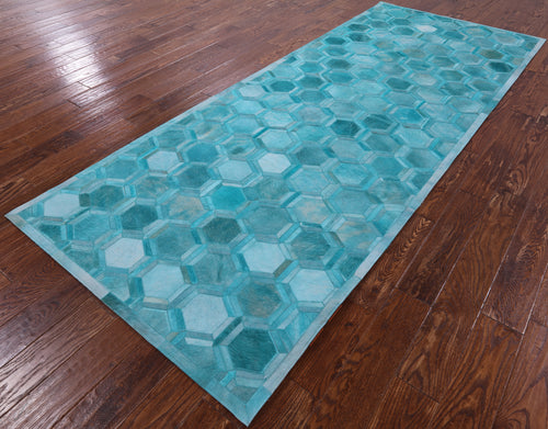 Teal Blue Patchwork Natural Cowhide Runner Rug - 4' 0