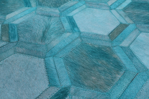 Teal Blue Patchwork Natural Cowhide Runner Rug - 4' 0