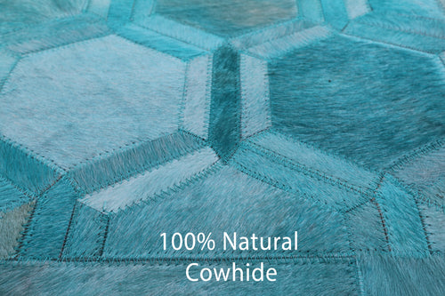 Teal Blue Patchwork Natural Cowhide Runner Rug - 4' 0