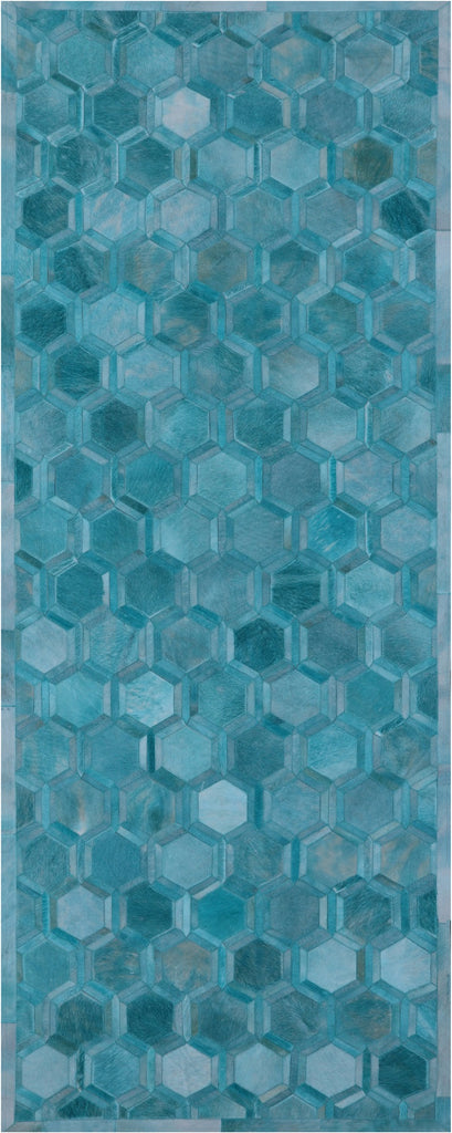 Teal Blue Patchwork Natural Cowhide Runner Rug - 4' 0" x 10' 0"