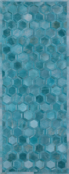 Teal Blue Patchwork Cowhide Runner Rug - 4' 0" x 10' 0"