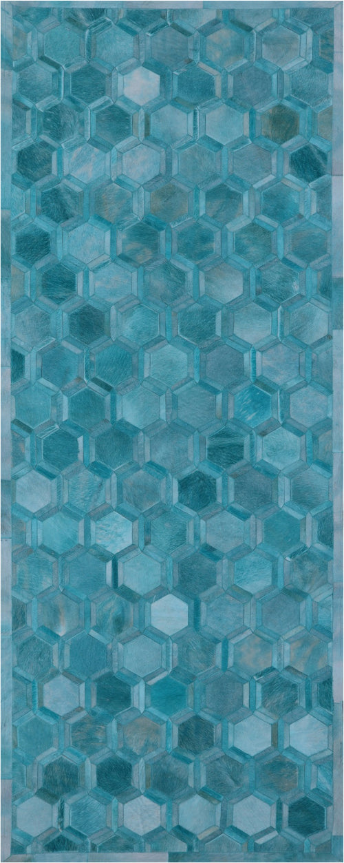 Teal Blue Patchwork Natural Cowhide Runner Rug - 4' 0