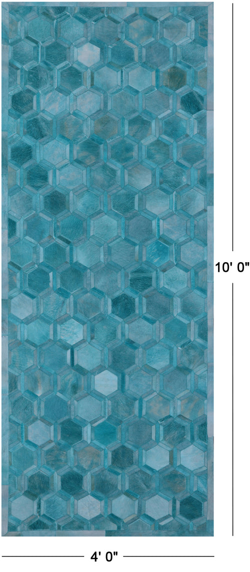 Teal Blue Patchwork Natural Cowhide Runner Rug - 4' 0