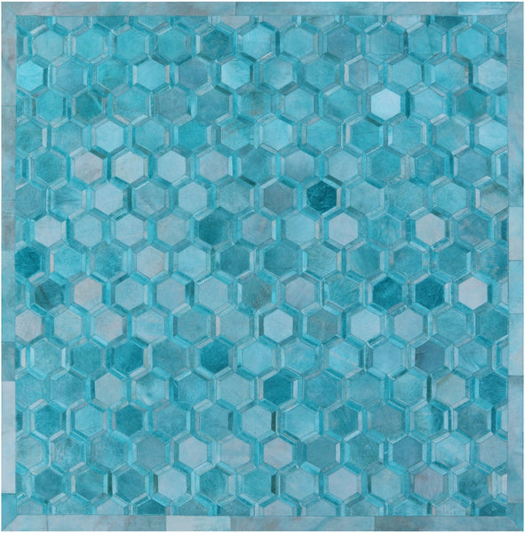 Teal Blue Square Patchwork Cowhide Rug - 8' 0" x 8' 0"